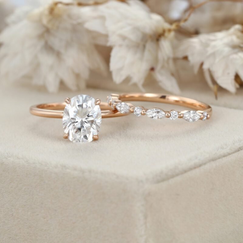 2ct Oval Moissanite engagement Ring Set Rose gold diamond engagement ring vintage marquise wedding ring Bridal set promise Anniversary gift