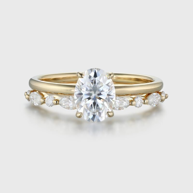 2 carat Oval Moissanite Engagement Ring Set Yellow Gold Vintage Promise Anniversary Gift Ring