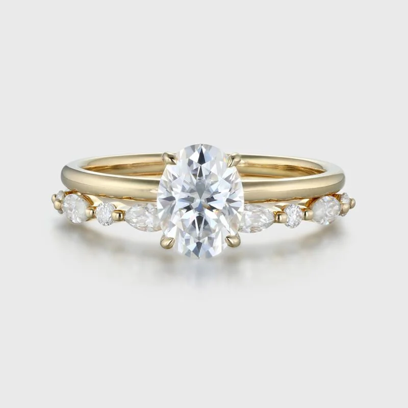 2 carat Oval Moissanite Engagement Ring Set Yellow Gold Vintage Promise Anniversary Gift Ring