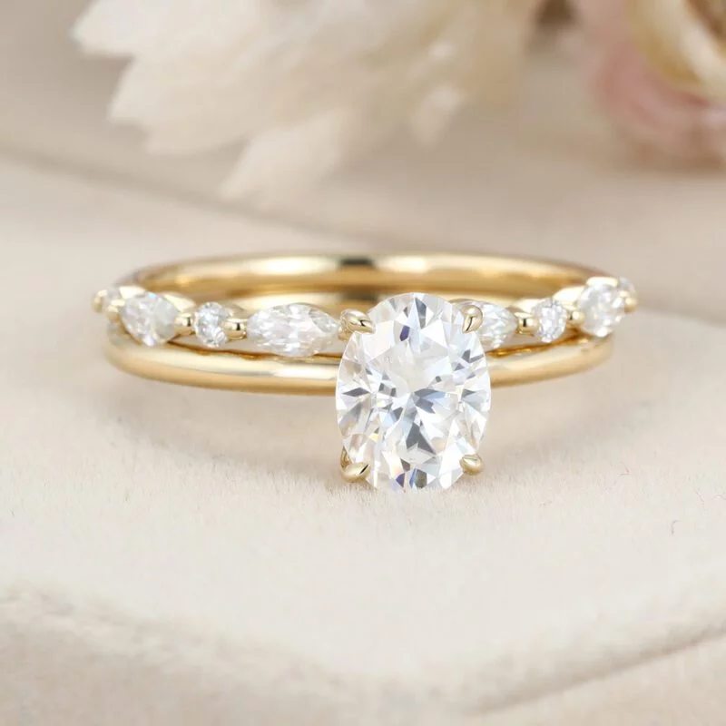 2ct Oval Moissanite engagement Ring Set Yellow gold diamond engagement ring vintage marquise wedding ring promise Anniversary gift ring