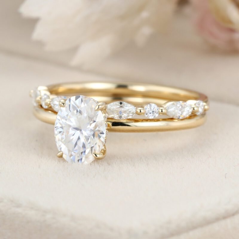 2ct Oval Moissanite engagement Ring Set Yellow gold diamond engagement ring vintage marquise wedding ring promise Anniversary gift ring