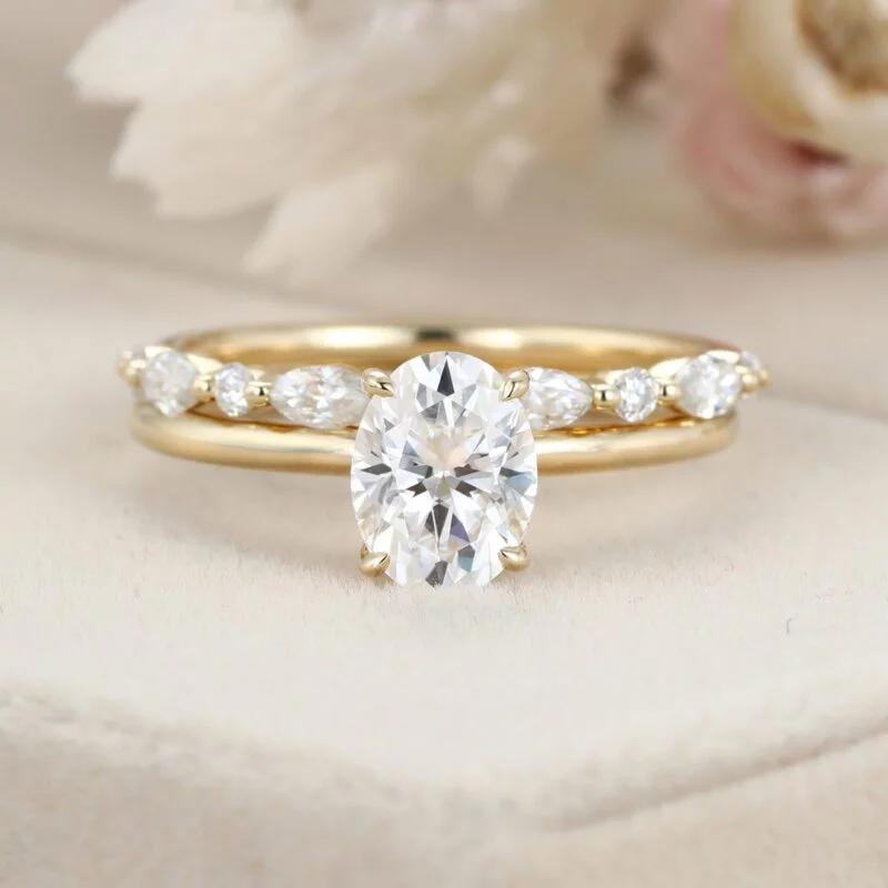 2ct Oval Moissanite engagement Ring Set Yellow gold diamond engagement ring vintage marquise wedding ring promise Anniversary gift ring