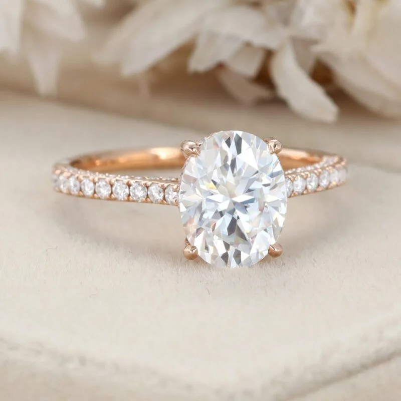 2ct Oval moissanite engagement ring Vintage Rose gold wedding Bridal women Antique Unique hidden Halo Half eternity wedding Anniversary gift