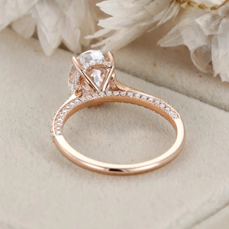 2ct Oval moissanite engagement ring Vintage Rose gold wedding Bridal women Antique Unique hidden Halo Half eternity wedding Anniversary gift