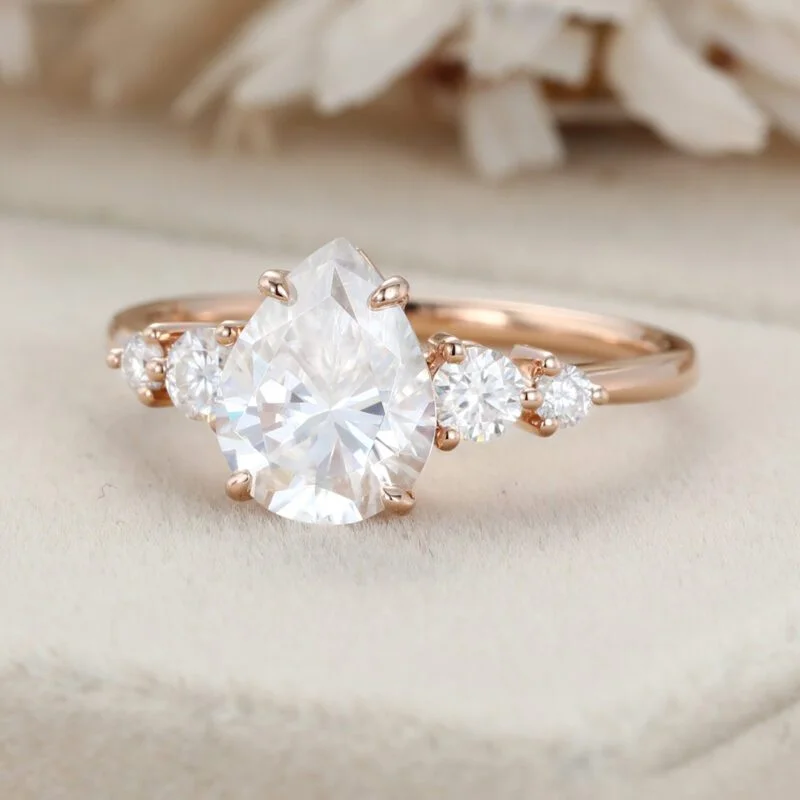 2ct Pear Moissanite engagement ring Unique Rose gold engagement ring women vintage Marquise cluster ring Bridal promise ring Anniversary