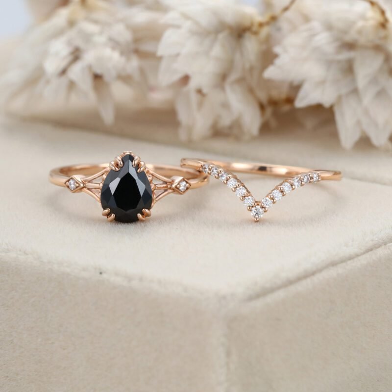 Hexagon Black Onyx Engagement Ring Set - Aurelius Jewelry