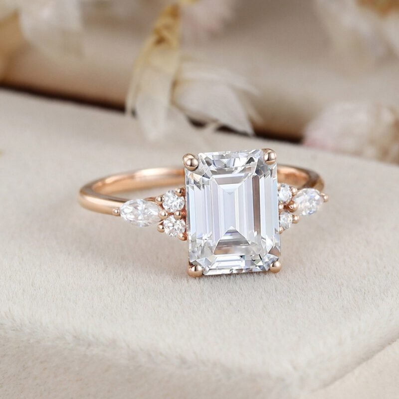 3 Carat Emerald Cut Moissanite Cluster Engagement Ring In 14K Rose Gold