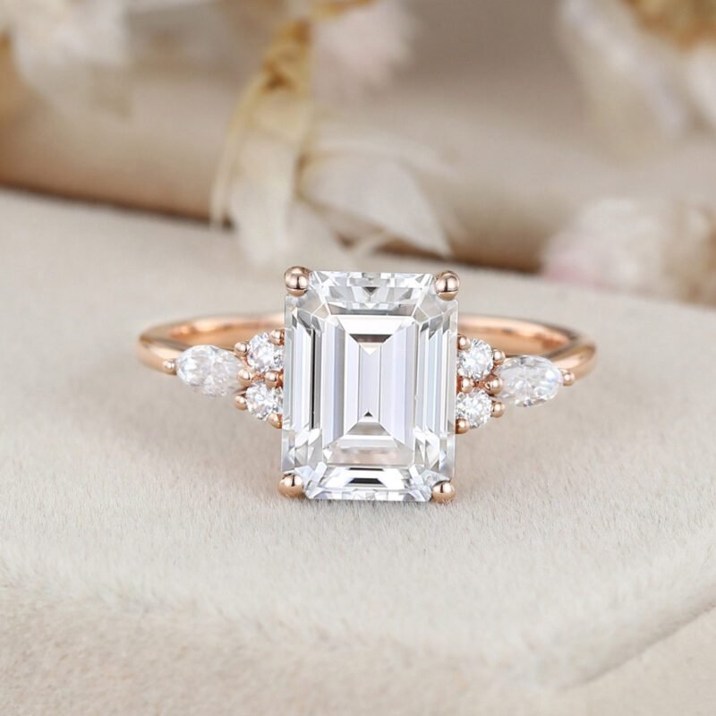 3 Carat Emerald Cut Moissanite Cluster Engagement Ring In 14K Rose Gold