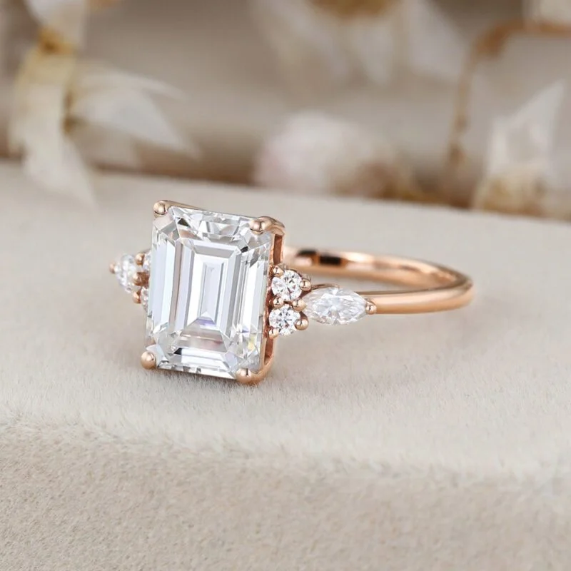 3 Carat Emerald Cut Moissanite Cluster Engagement Ring In 14K Rose Gold