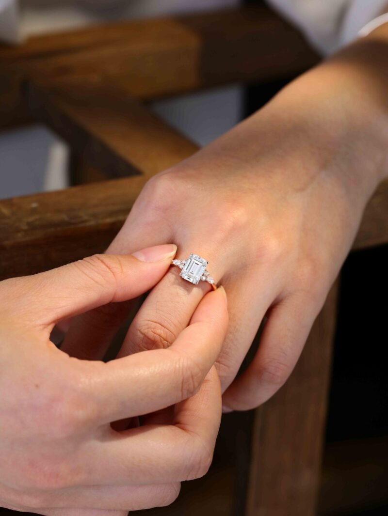 3 Carat Emerald Cut Moissanite Cluster Engagement Ring In 14K Rose Gold