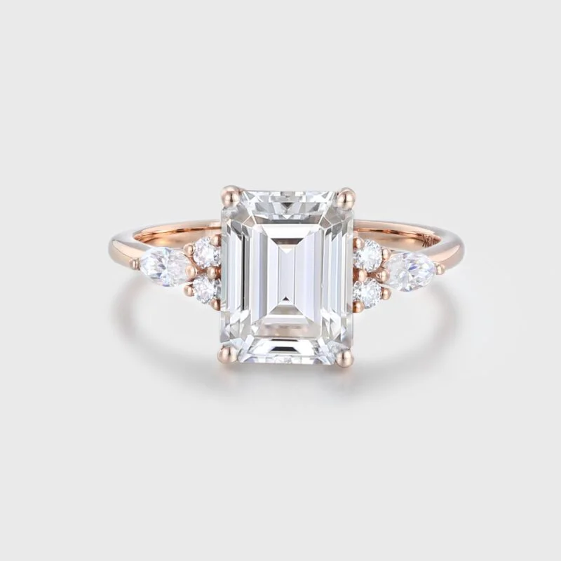 3 Carat Emerald Cut Moissanite Cluster Engagement Ring In 14K Rose Gold