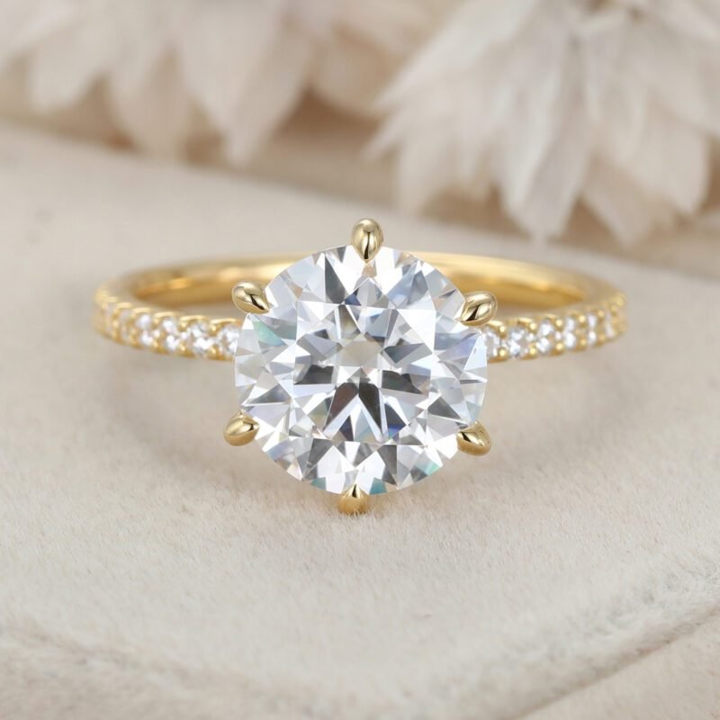3 Carat Round Cut Promise Ring Pave Set Side-Stone Round Moissanite Engagement Ring 14k Solid Gold Moissanite Ring for Women