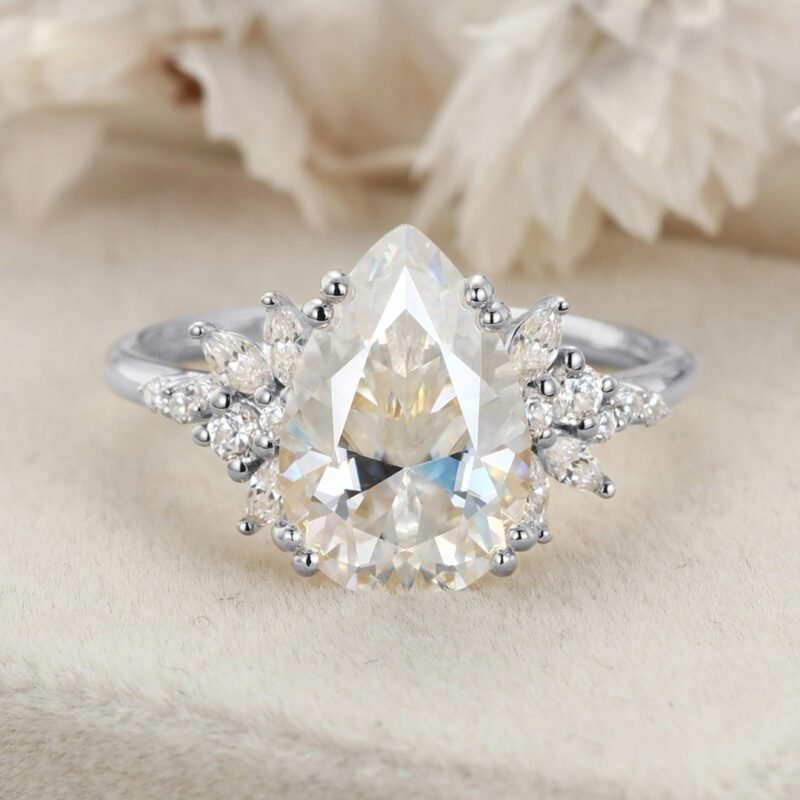 3 Carats Pear Shaped Moissanite Engagement Ring Unique Cluster Diamond Wedding Band 14K Solid Gold