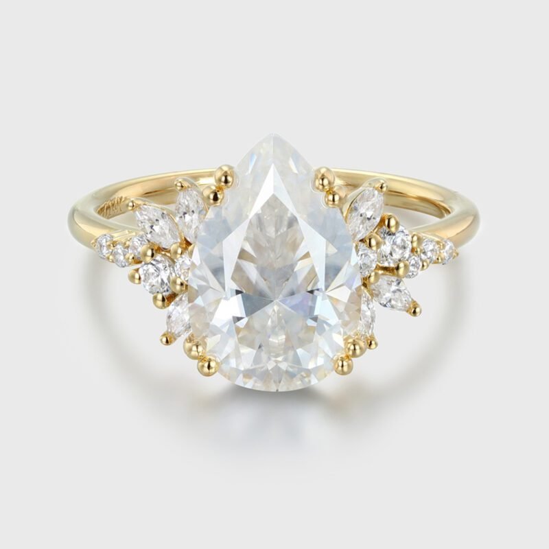 3 Carats Pear Shaped Moissanite Engagement Ring Unique Cluster Diamond Wedding Band 14K Solid Gold