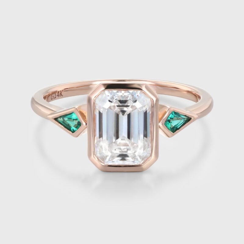 3 Stone Bezel Engagement Ring Emerald Cut Moissanite Engagement Ring 14K Solid Gold Kite Cut Lab Emerald Ring