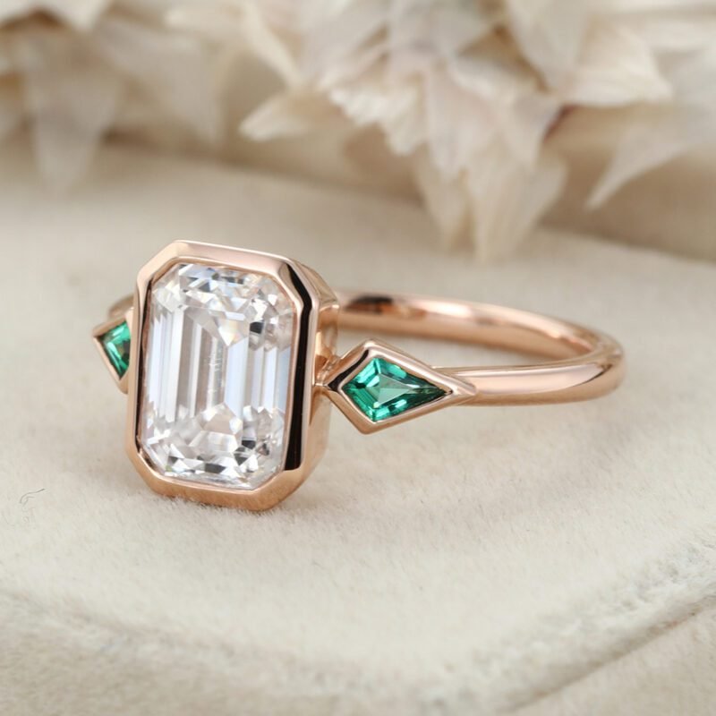 3 Stone Bezel Engagement Ring Emerald Cut Moissanite Engagement Ring 14K Solid Gold Kite Cut Lab Emerald Ring