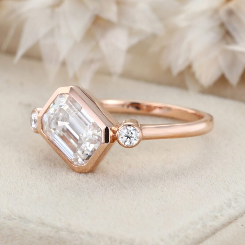 3 Stone Bezel Moissanite Engagement Ring 14K Rose Gold Emerald Cut Art Deco Wedding Ring