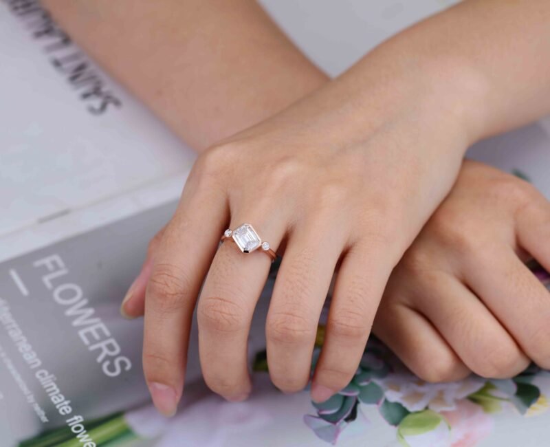 3 Stone Bezel Moissanite Engagement Ring 14K Rose Gold Emerald Cut Art Deco Wedding Ring