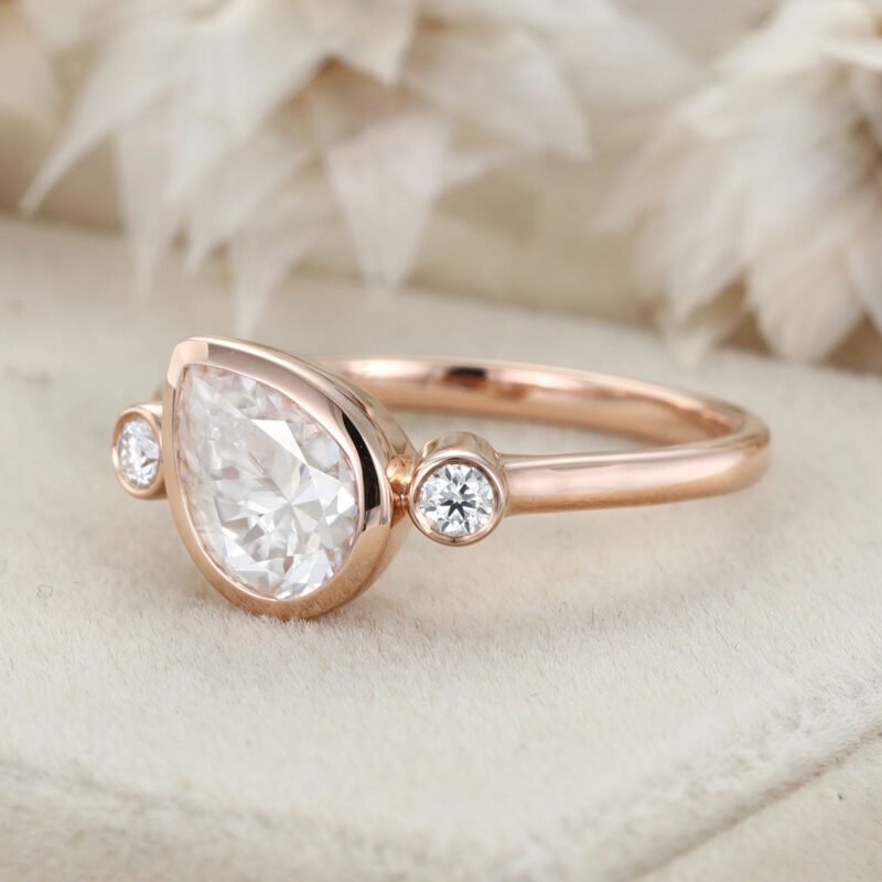 3 Stone Bezel Moissanite Engagement Ring 14K Rose Gold Pear Shaped Art Deco Wedding Ring