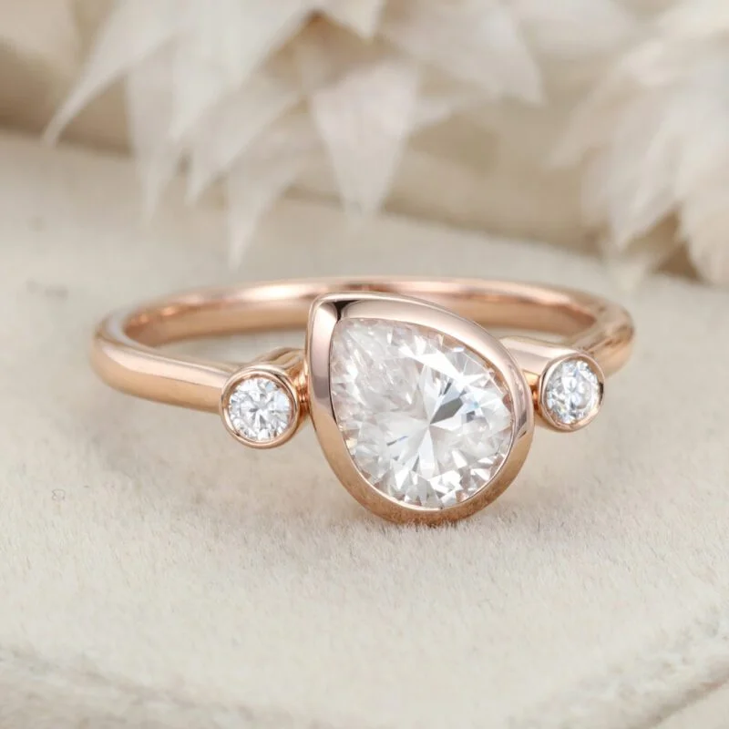 3 Stone Bezel Moissanite Engagement Ring 14K Rose Gold Pear Shaped Art Deco Wedding Ring