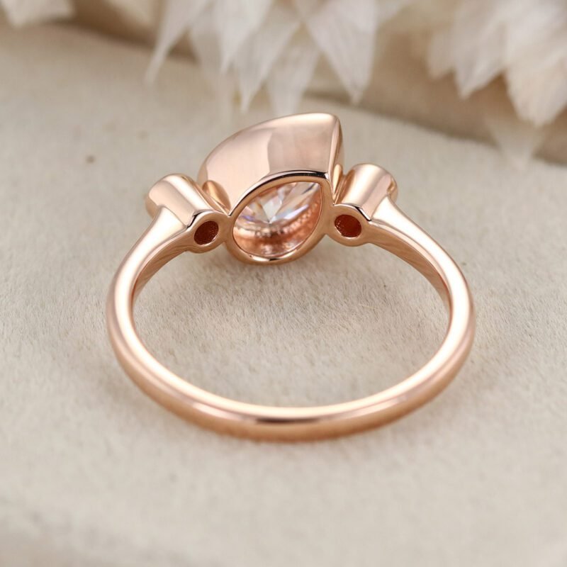 3 Stone Bezel Moissanite Engagement Ring 14K Rose Gold Pear Shaped Art Deco Wedding Ring