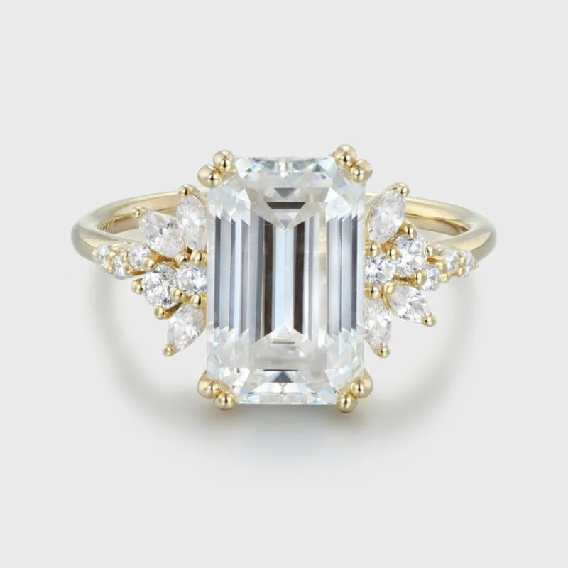 3.5 Carats Emerald Cut Moissanite Engagement Ring Vintage 14K Rose Gold Cluster Diamond Ring