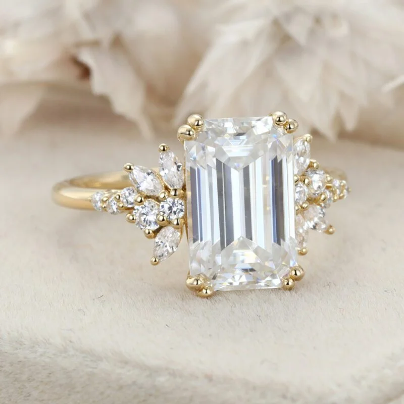 3.5 Carats Emerald Cut Moissanite Engagement Ring Vintage 14K Rose Gold Cluster Diamond Ring