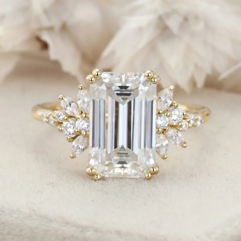 3.5 Carats Emerald Cut Moissanite Engagement Ring Vintage 14K Rose Gold Cluster Diamond Ring