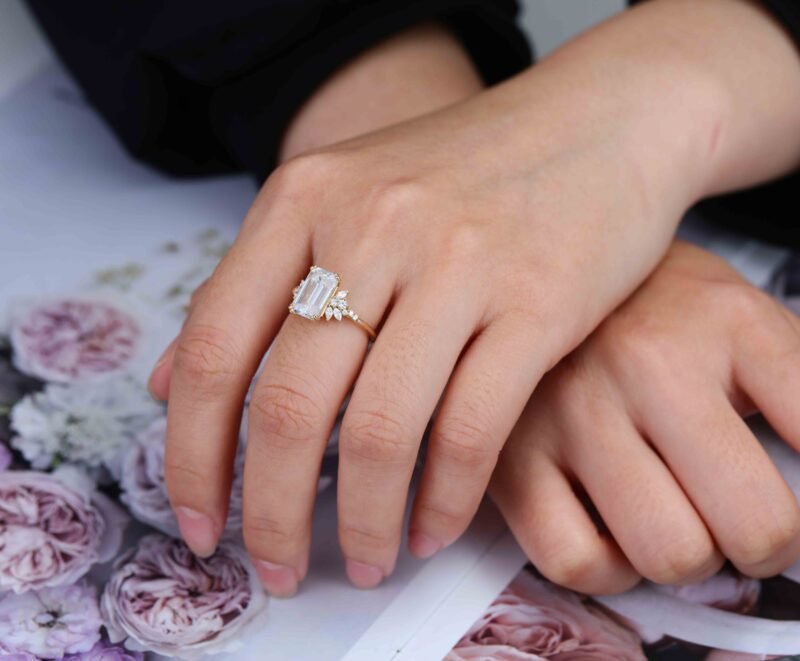 3.5 Carats Emerald Cut Moissanite Engagement Ring Vintage 14K Rose Gold Cluster Diamond Ring