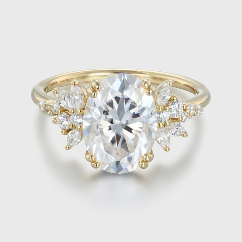 3.5 Carats Oval Cut Moissanite Engagement Ring Vintage Yellow Gold Cluster Diamond Ring