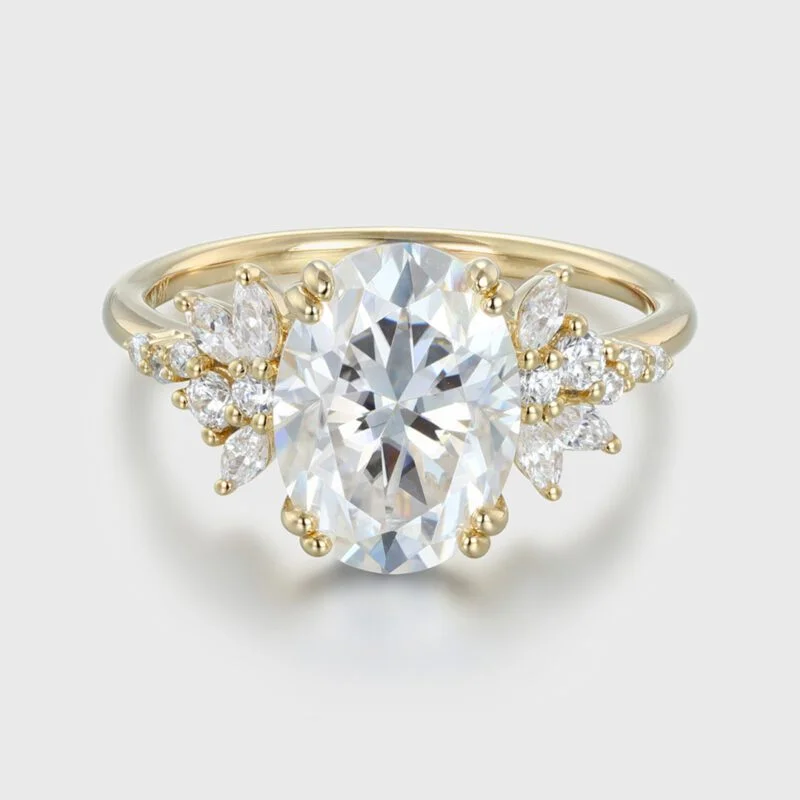 3.5 Carats Oval Cut Moissanite Engagement Ring Vintage Yellow Gold Cluster Diamond Ring