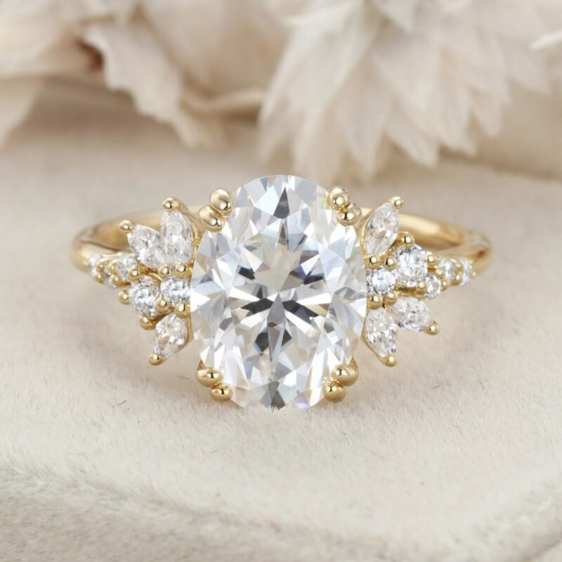 3.5 Carats Oval Cut Moissanite Engagement Ring Vintage Yellow Gold Cluster Diamond Ring