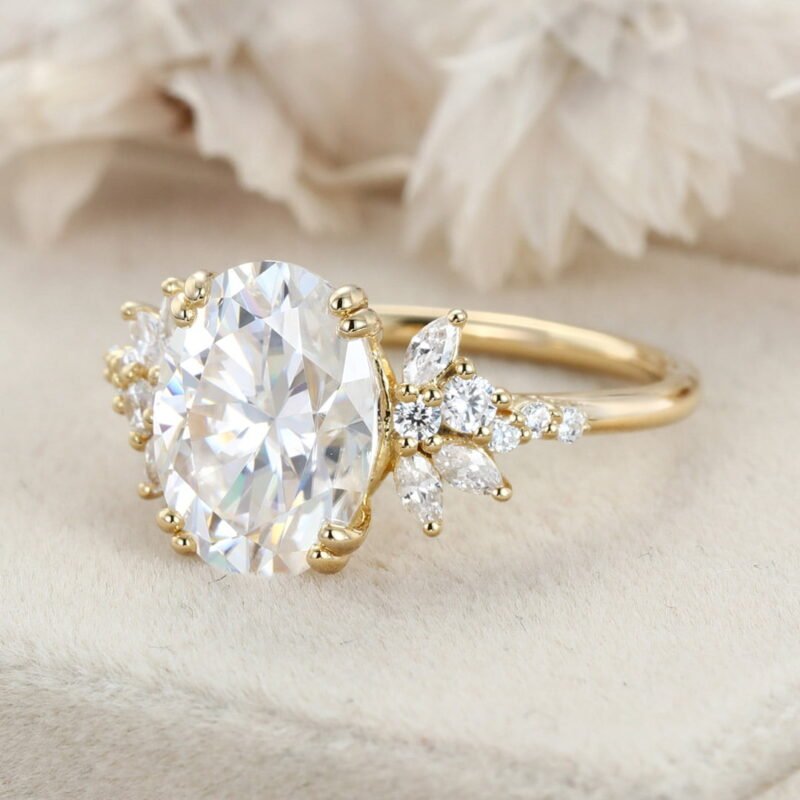 3.5 Carats Oval Cut Moissanite Engagement Ring Vintage Yellow Gold Cluster Diamond Ring