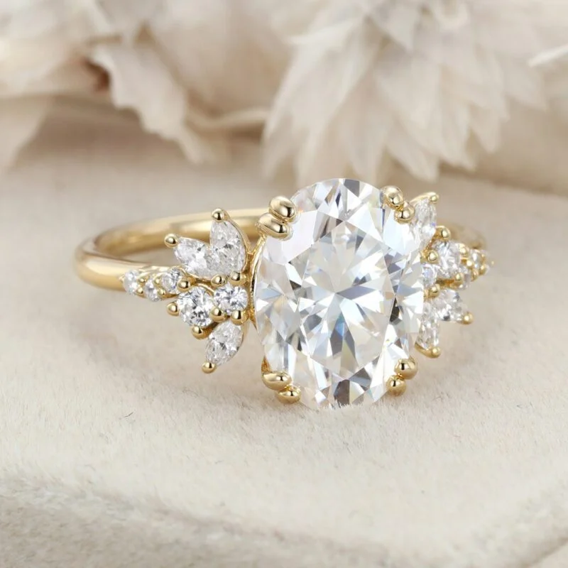 3.5 Carats Oval Cut Moissanite Engagement Ring Vintage Yellow Gold Cluster Diamond Ring