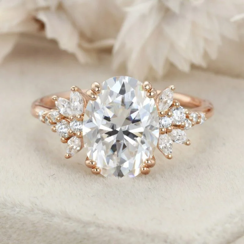 3.5 Carats Oval Cut Moissanite Engagement Ring Vintage Yellow Gold Cluster Diamond Ring