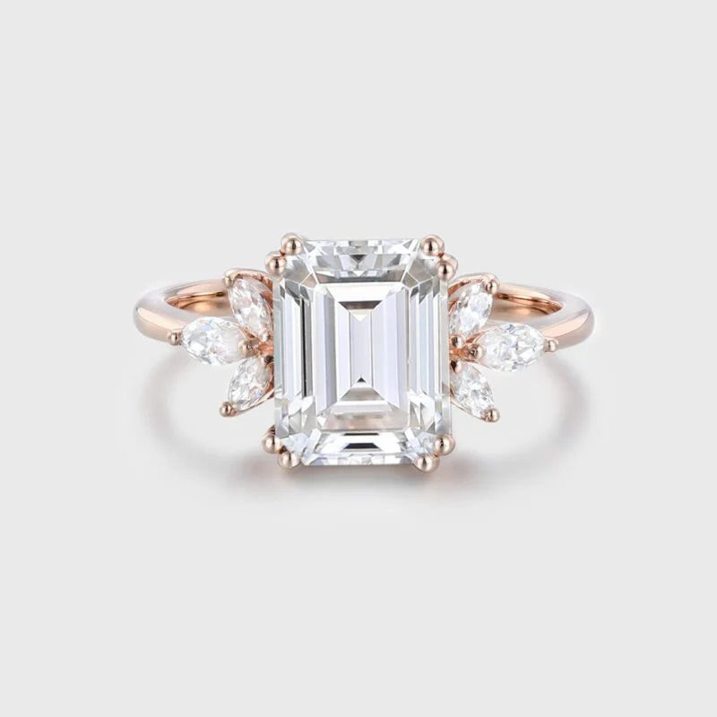 3ct Emerald Cut Moissanite Engagement Ring Rose Gold Engagement Ring Cluster Ring Moissanite Marquise Bridal Ring Promise Ring Anniversary