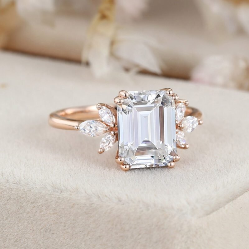 3ct Emerald Cut Moissanite Engagement Ring Rose Gold Engagement Ring Cluster Ring Moissanite Marquise Bridal Ring Promise Ring Anniversary