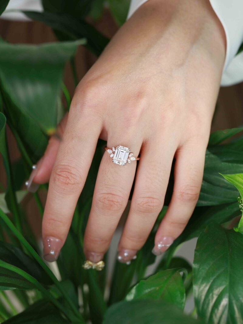 3ct Emerald Cut Moissanite Engagement Ring Rose Gold Engagement Ring Cluster Ring Moissanite Marquise Bridal Ring Promise Ring Anniversary