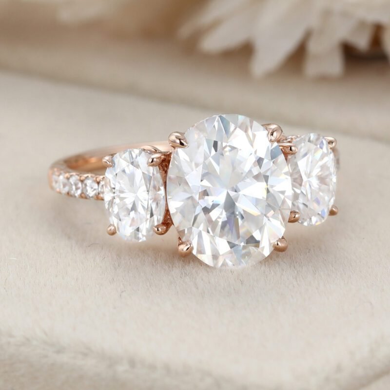 3ct Oval Moissanite Engagement Ring three stones Unique Rose gold cluster engagement Ring moissanite ring Promise Bridal Anniversary gift