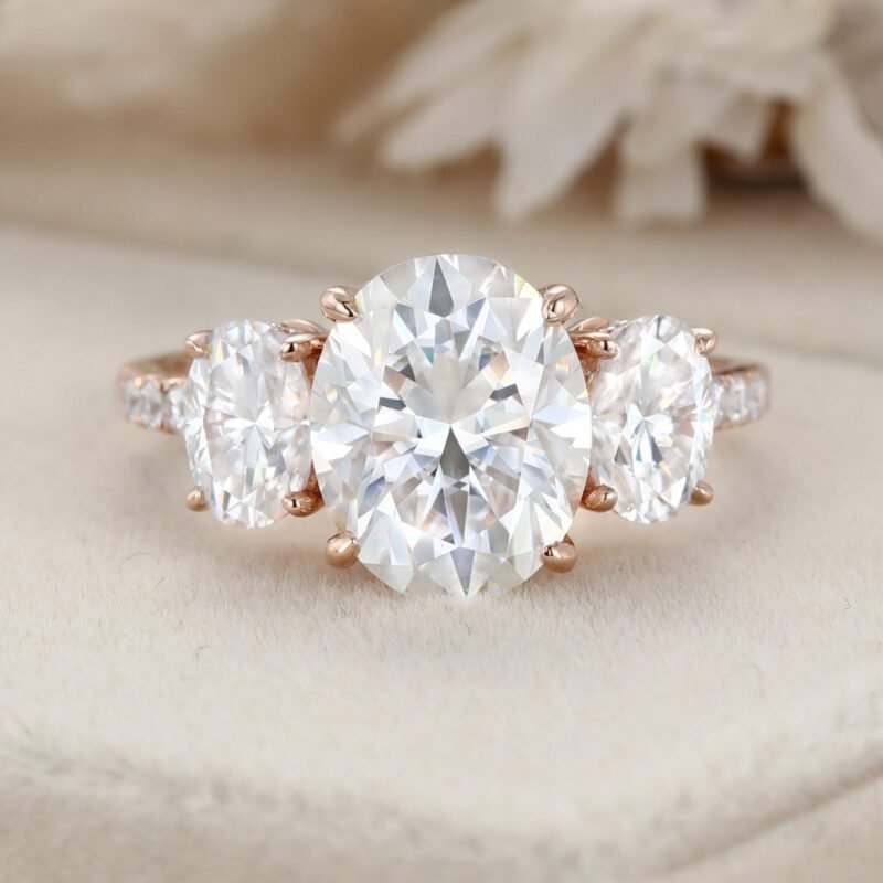 3ct Oval Moissanite Engagement Ring three stones Unique Rose gold cluster engagement Ring moissanite ring Promise Bridal Anniversary gift