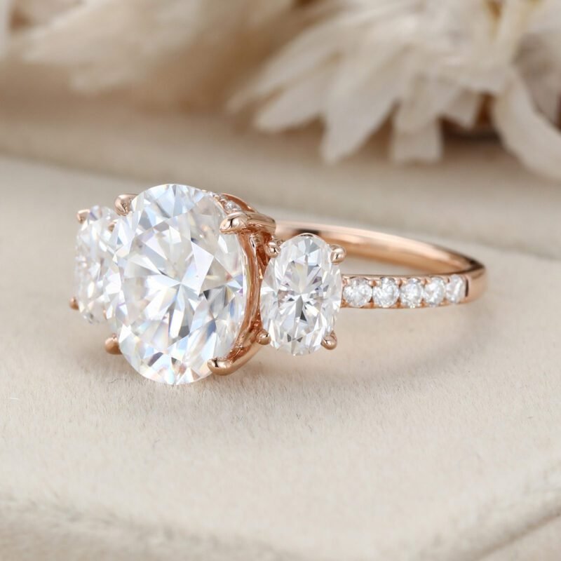 3ct Oval Moissanite Engagement Ring three stones Unique Rose gold cluster engagement Ring moissanite ring Promise Bridal Anniversary gift