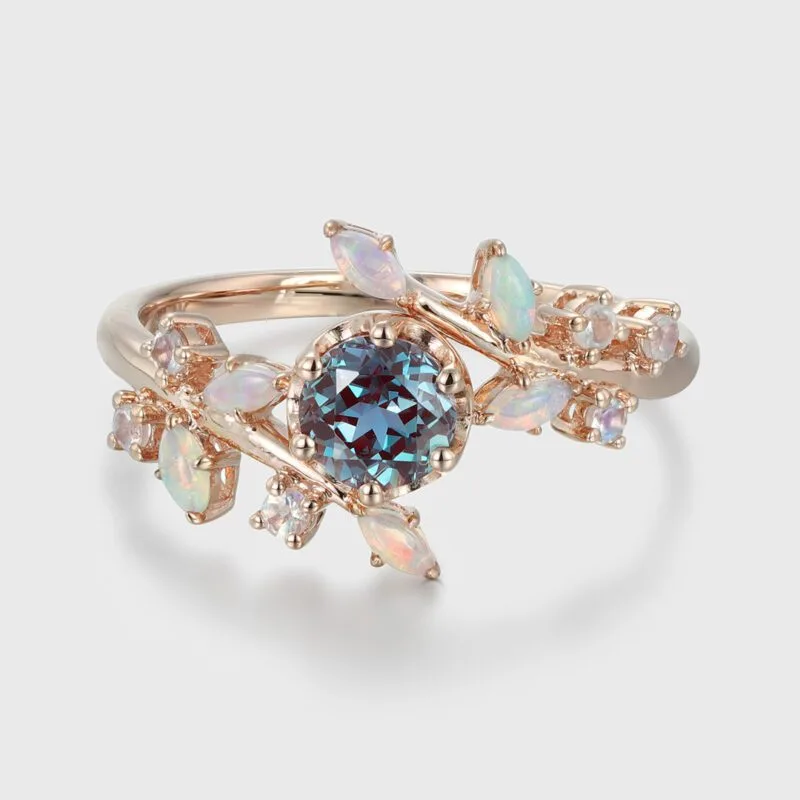 5.0mm Round Cut Alexandrite Engagement Ring Vintage 14K Rose Gold Engagement Ring Art Deco Unique Dainty Marquise Opal Bridal Ring