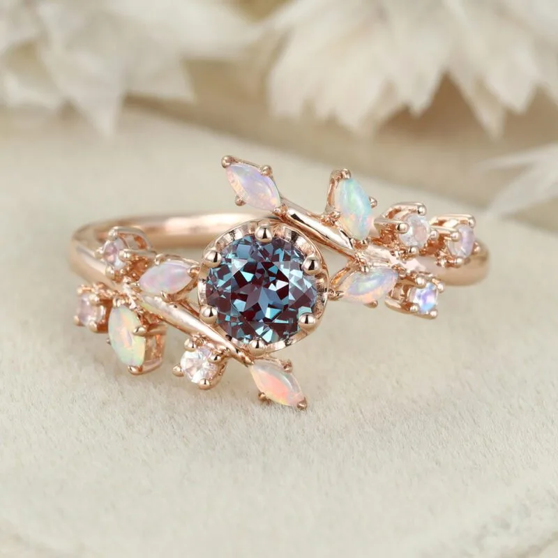 5.0mm Round Cut Alexandrite Engagement Ring Vintage 14K Rose Gold Engagement Ring Art Deco Unique Dainty Marquise Opal Bridal Ring