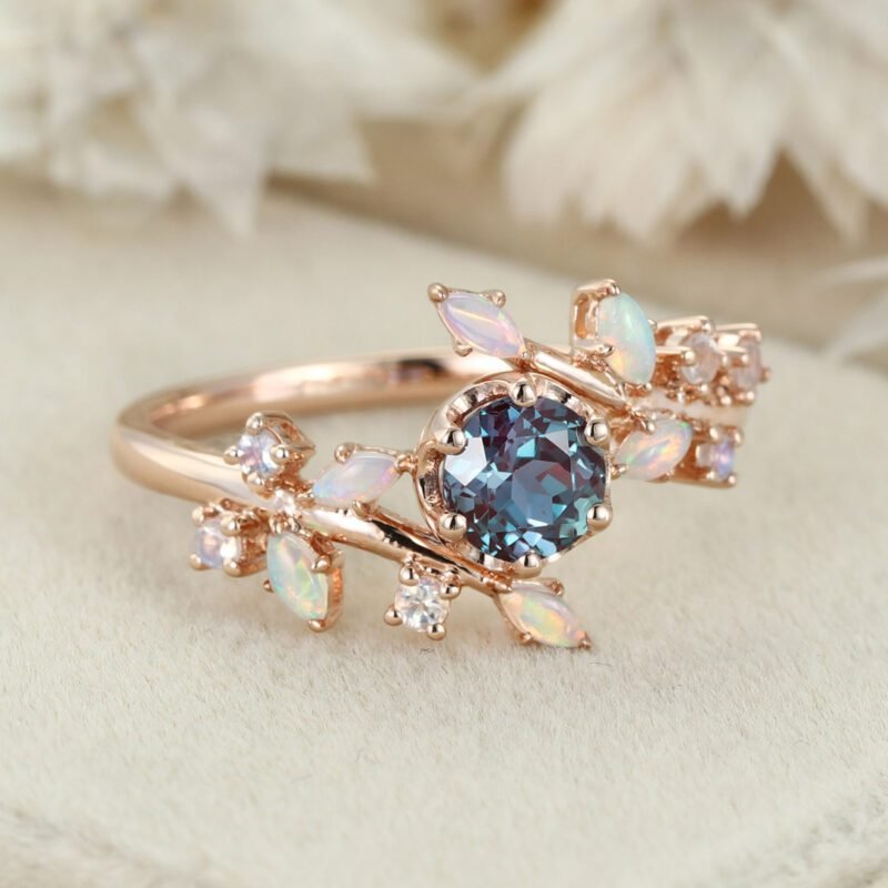 5.0mm Round Cut Alexandrite Engagement Ring Vintage 14K Rose Gold Engagement Ring Art Deco Unique Dainty Marquise Opal Bridal Ring