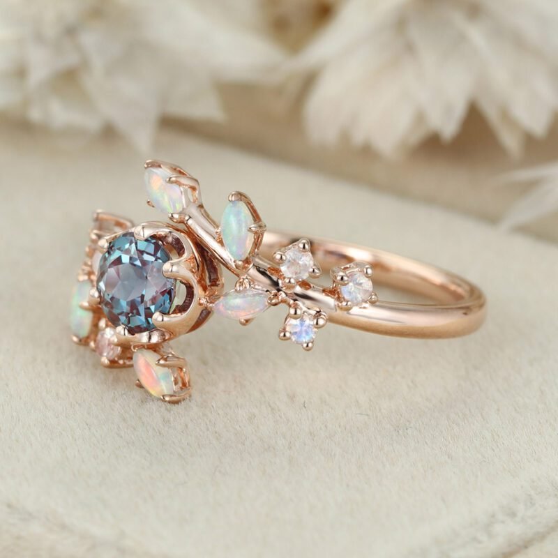 5.0mm Round Cut Alexandrite Engagement Ring Vintage 14K Rose Gold Engagement Ring Art Deco Unique Dainty Marquise Opal Bridal Ring