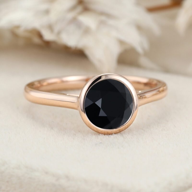 6.5mm Round Bezel Black Onyx Ring Rose gold ring Engagement Ring Solitaire Bezel Ring Promise Ring