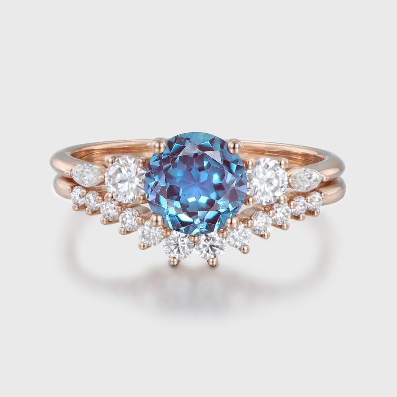 6.5mm Round Cut Alexandrite Engagement Ring Set Vintage Rose Gold Diamond Wedding Ring Curved Stacking Moissanite Ring