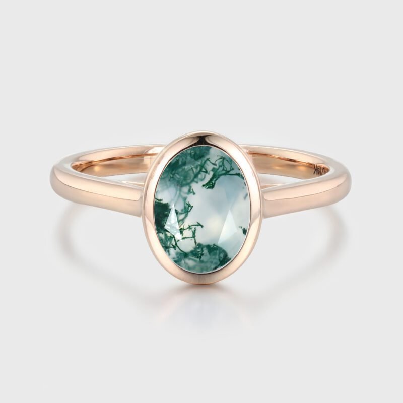14K Rose Gold 6x8mm Oval Cut Natural Green Moss Agate Ring Bezel Set Engagement Bridal Promise Anniversary Gift For Women
