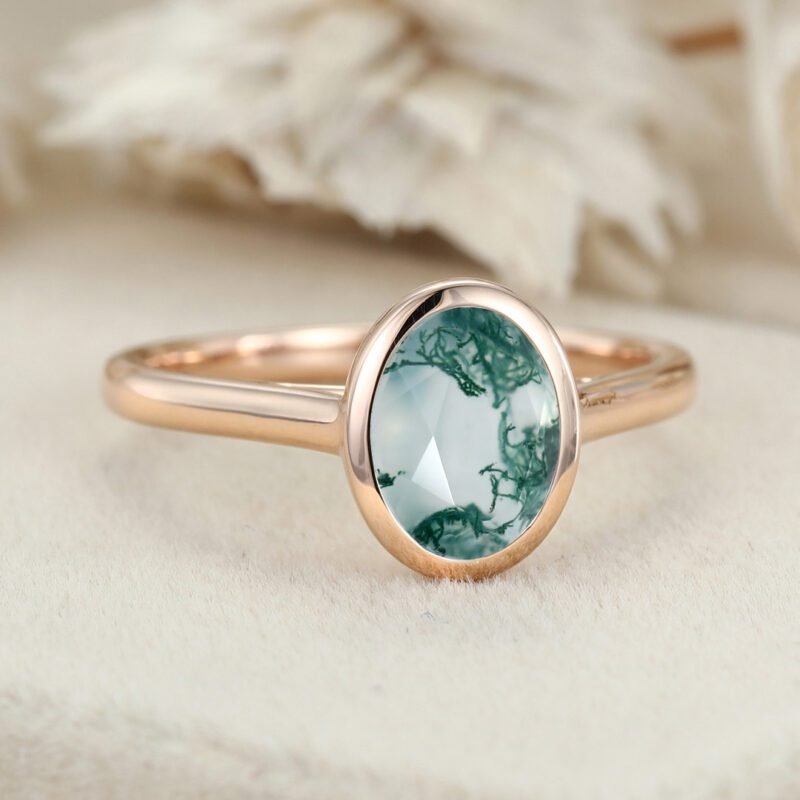 6x8 Oval Shaped Natural Moss Agate Engagement Ring Bezel set engagement ring Wedding Ring Propose Ring Anniversary Gifts for Her