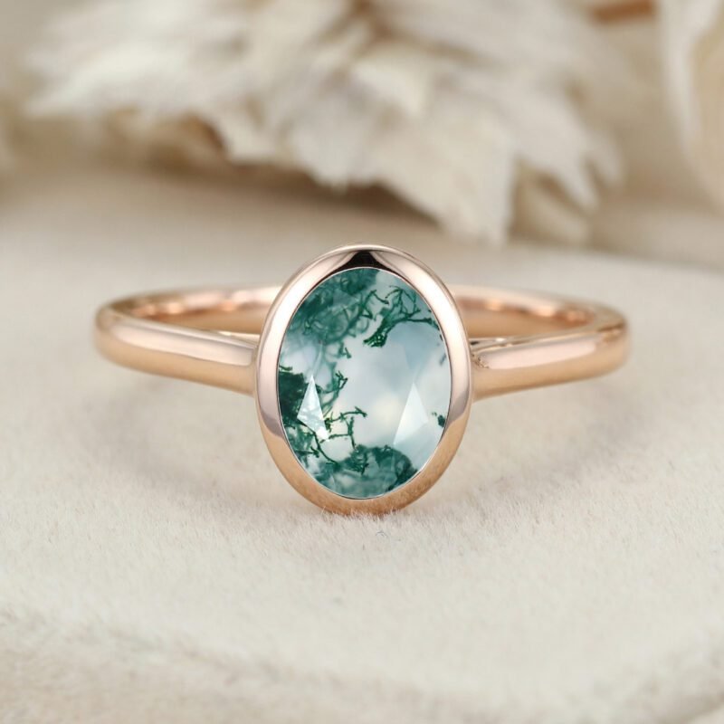 6x8 Oval Shaped Natural Moss Agate Engagement Ring Bezel set engagement ring Wedding Ring Propose Ring Anniversary Gifts for Her